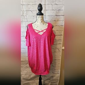Women's Pink Sequin Cold Shoulder Top XL Party Vegas